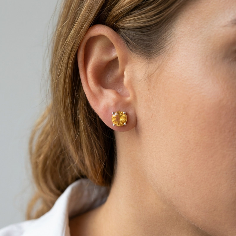 Boucles d'oreilles Argent  Citrine Ronde 8mm porté