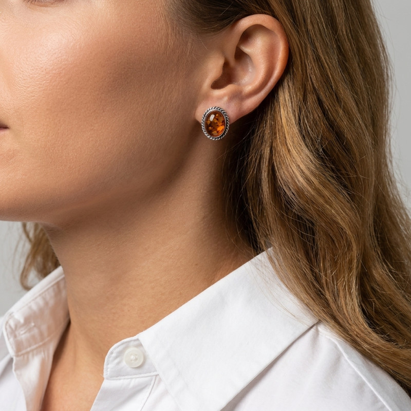 Boucles d'oreilles Argent et Ambre Ovale porté