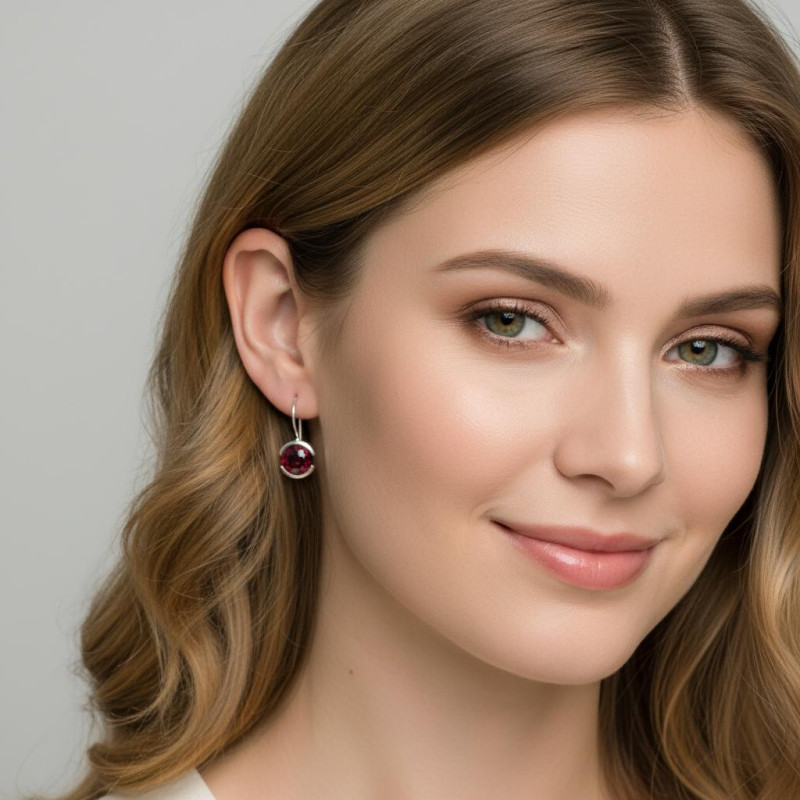 Boucles d'oreilles Argent Grenat Cabochon 10mm porté