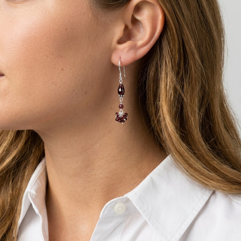 Boucles d'oreilles Argent  Grenat Pendantes (5cm) porté