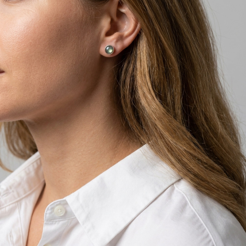 Boucles d'oreilles Argent  Labradorite Rondes 8mm porté