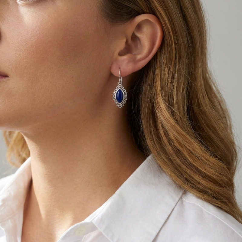 Boucles d'oreilles Argent Lapis Lazuli Navette 12x6mm porté