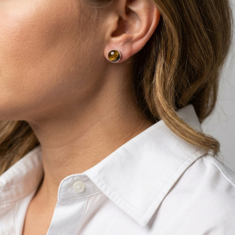 Boucles d'oreilles Argent  Oeil de Tigre Rondes 8mm porté