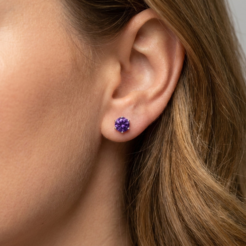 Boucles d'oreilles Argent Oxyde Violet Rond 5mm porté