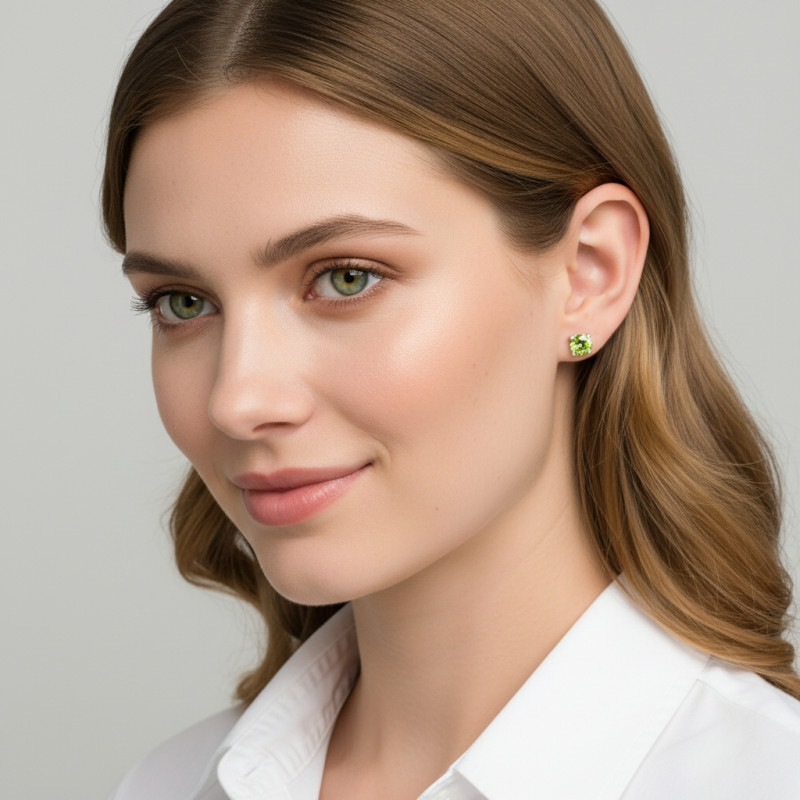 Boucles d'oreilles Argent Péridot Ronds 6mm porté