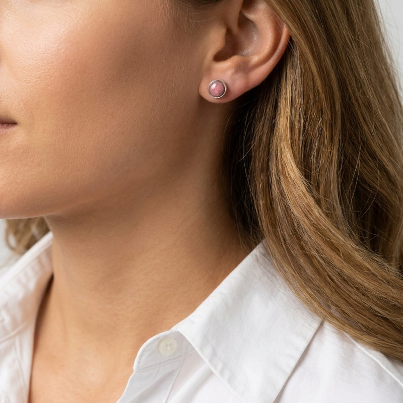 Boucles d'oreilles Argent  Rhodonite Rondes 8mm porté