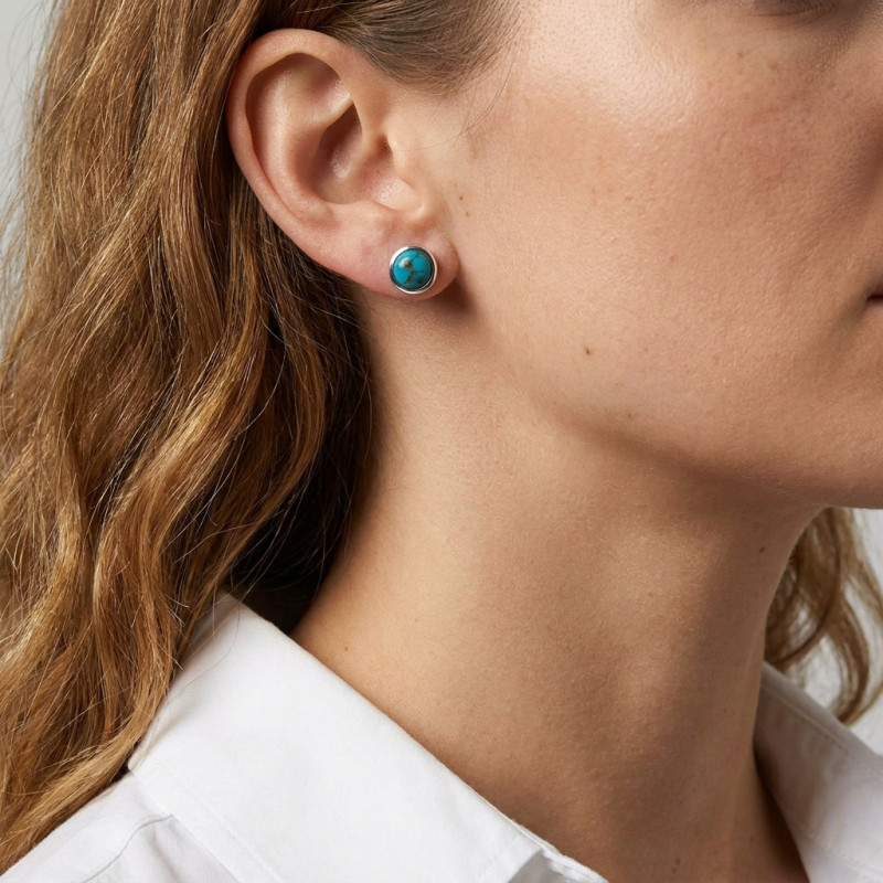 Boucles d'oreilles Argent Turquoise Ronde 7mm porté