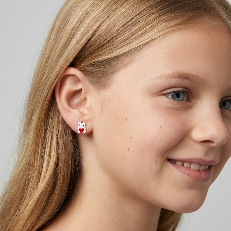 Boucles d'oreilles chat et coeur en Argent 925 porté