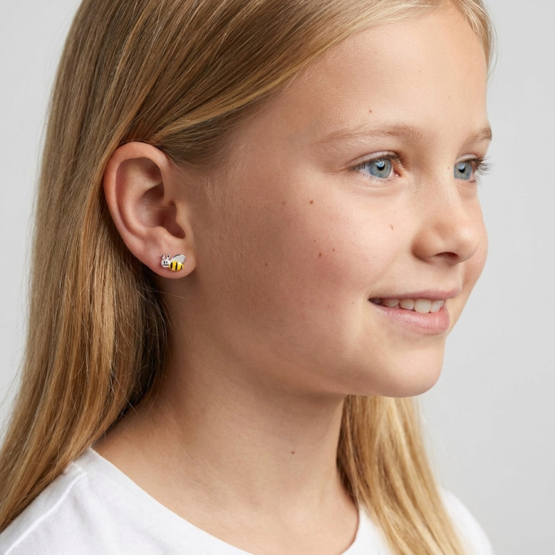 Boucles d'oreilles clou argent rhodié abeille porté