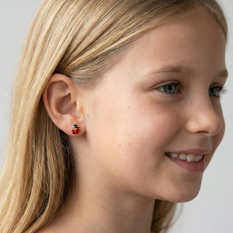 Boucles d'oreilles Coccinelles émaillées  Or Jaune 375 porté