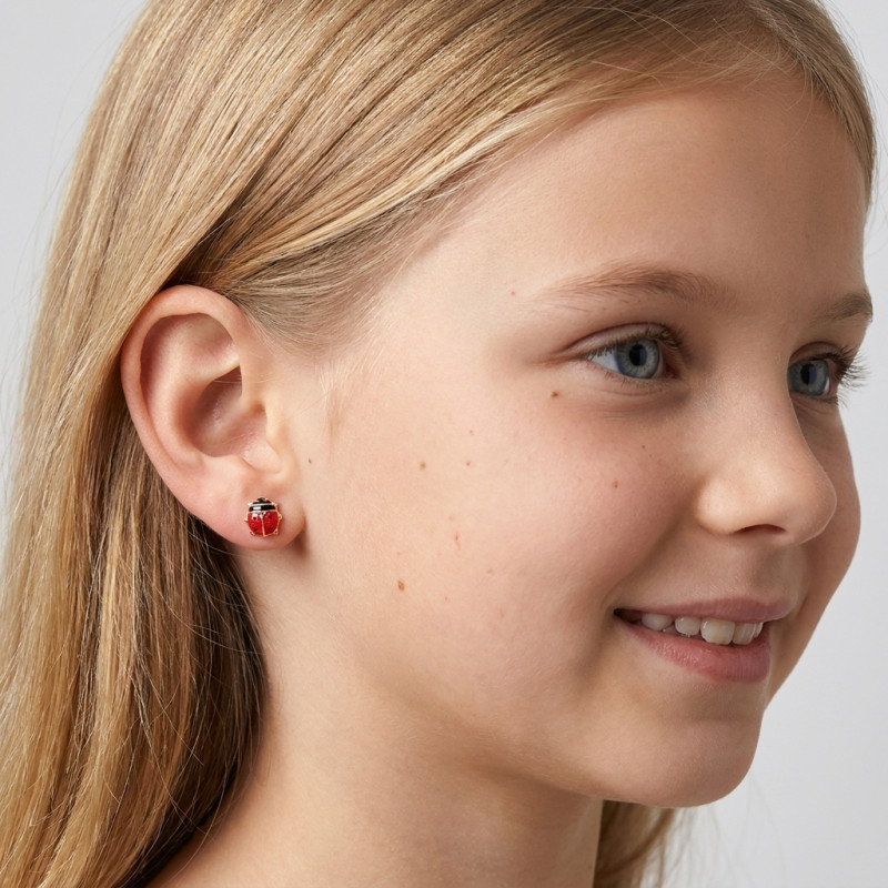 Boucles d'oreilles Coccinelles Or Jaune 375 porté