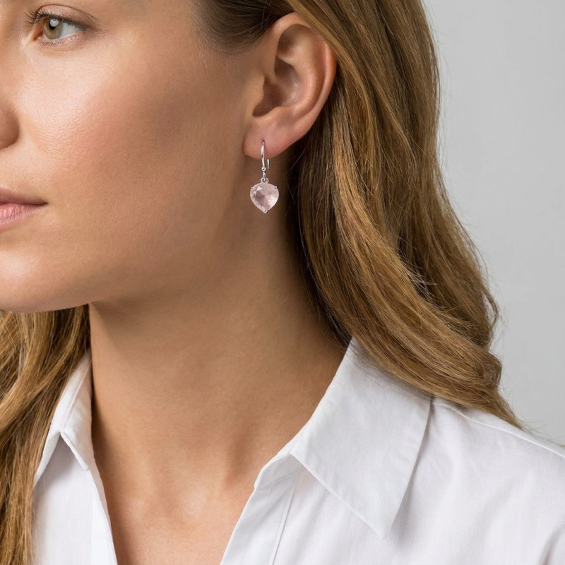 Boucles d'oreilles Coeur Argent 925 et Quartz rose porté