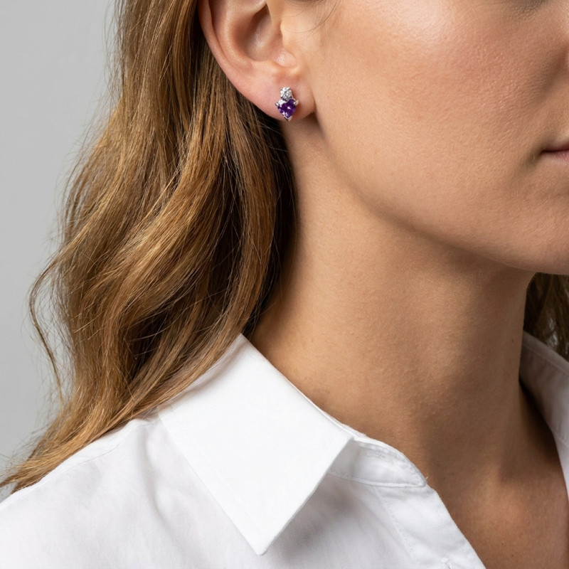 Boucles d'oreilles Coeur Argent 925 Rhodié Améthyste et Oxyde porté