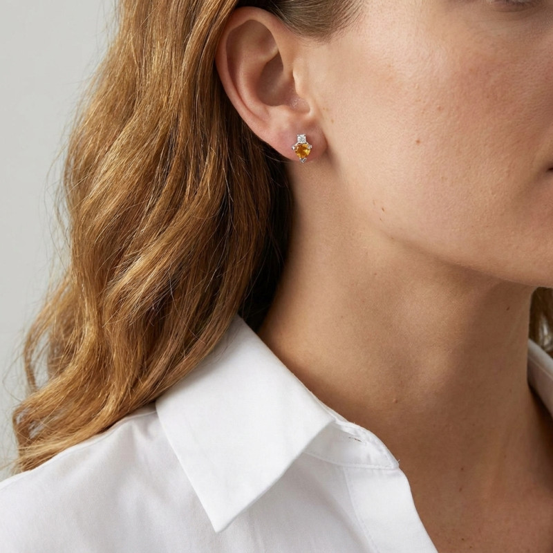 Boucles d'oreilles Coeur Argent 925 Rhodié Citrine et Oxyde porté