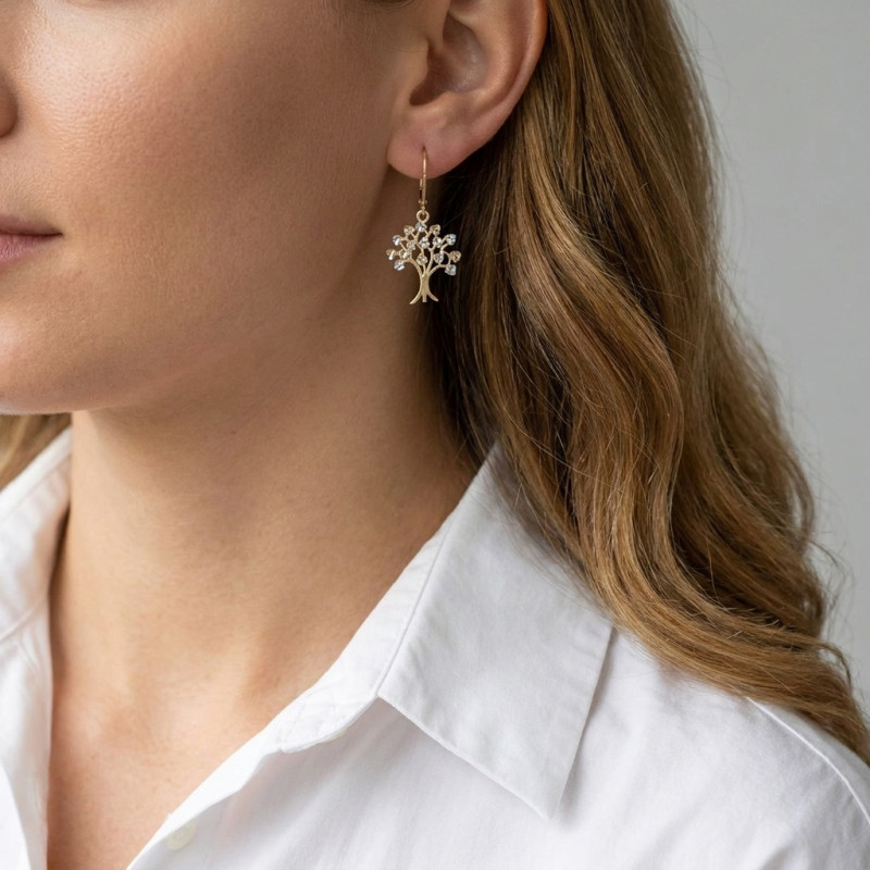 Boucles d'oreilles dormeuses Arbre de vie 2 ors 375 porté