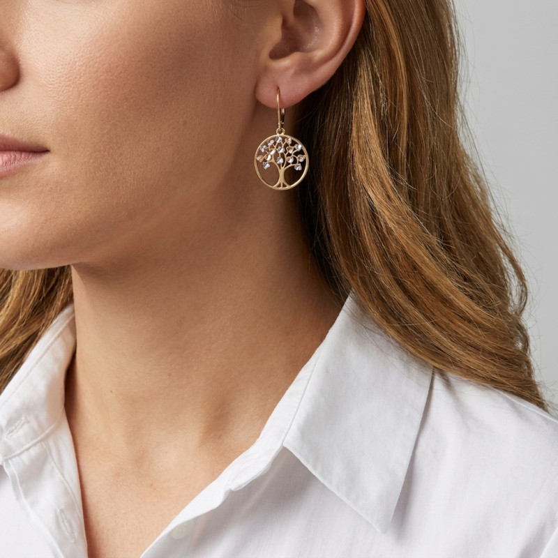 Boucles d'oreilles dormeuses Arbre de vie 3 ors 375 porté