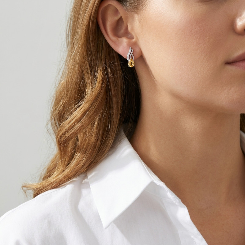 Boucles d'oreilles en Argent 925 Rhodié Citrine Poire 6x4mm et Oxydes porté