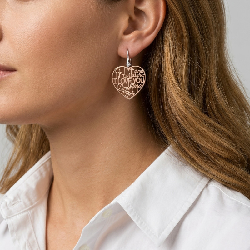 Boucles d'oreilles en Argent 925 rhodié et rosé avec motif coeur porté