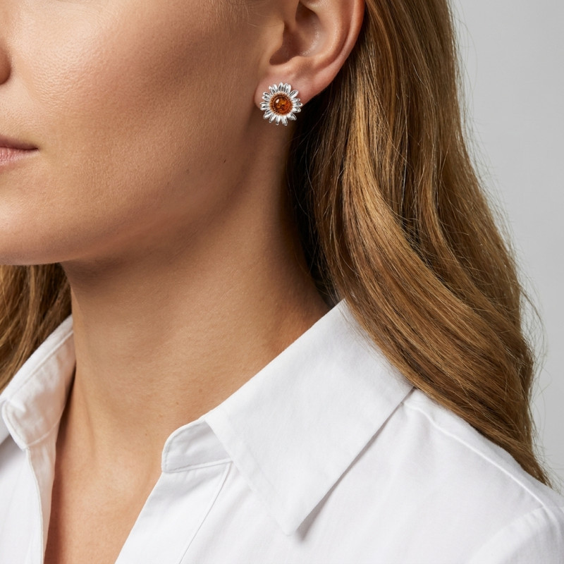 Boucles d'oreilles Fleurs Ambre et Argent 925 porté