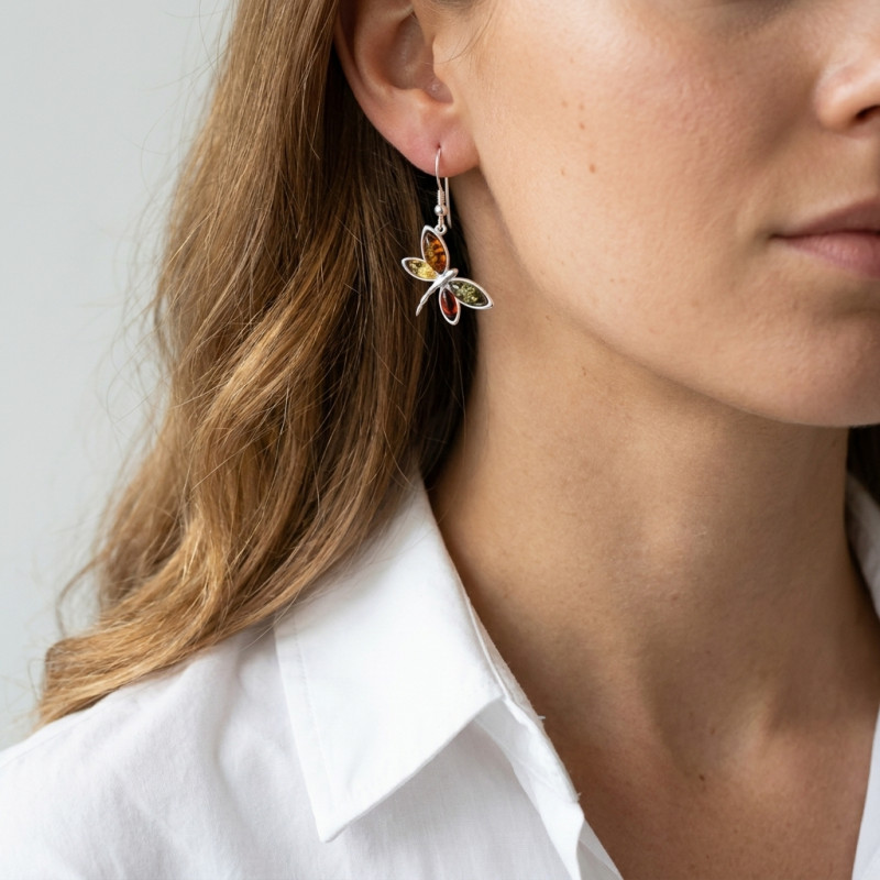 Boucles d'oreilles Libellules Ambre Multicolore et Argent 925 porté