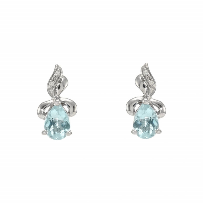 Boucles d'oreilles Or Blanc 375 Topaze bleue traitée Poire 6x4mm et Diamant