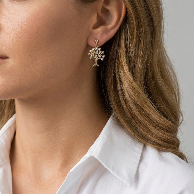 Boucles d'oreilles pendantes 2 ors 375 Arbre de vie porté