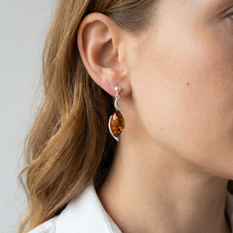 Boucles d'oreilles Pendantes Ambre et Argent 925 porté