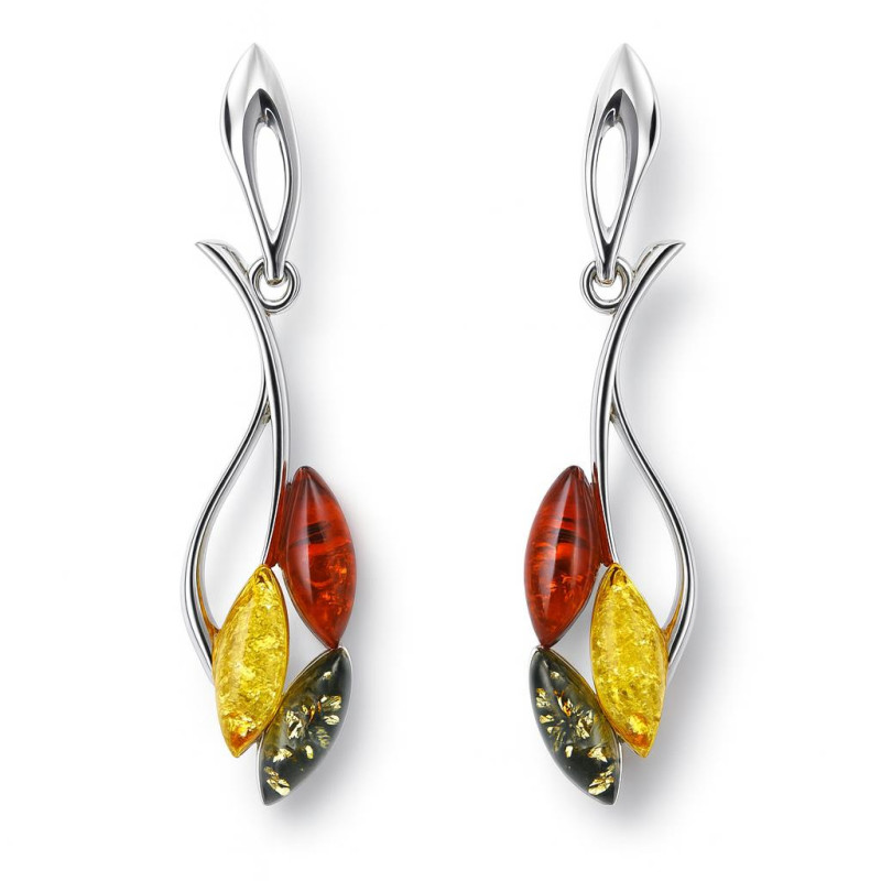 Boucles D'oreilles Fleurs En Ambre Baltique Naturel Et Argent 925 - Cognac
