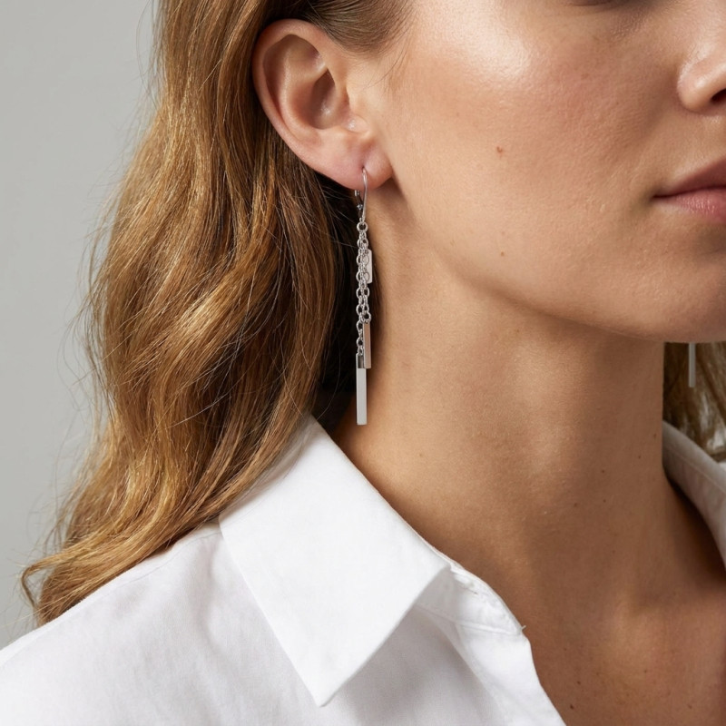 Boucles d'oreilles pendantes Argent 925 3 barres sur chaînettes porté
