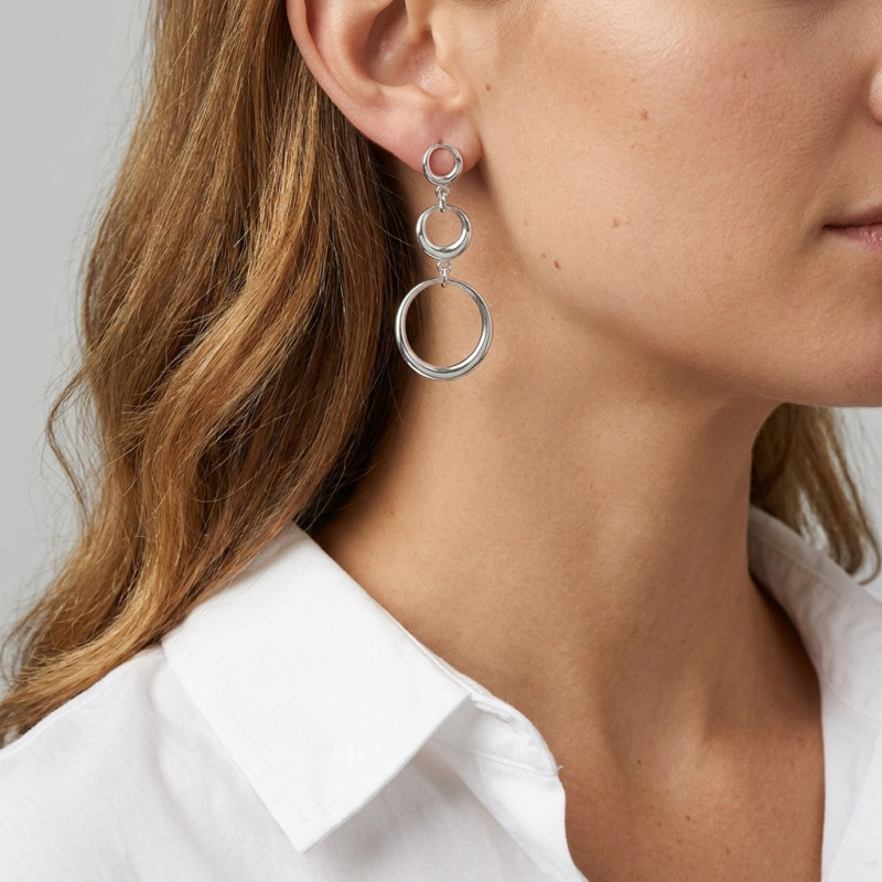 Boucles d'oreilles pendantes Argent 925 3 cercles porté