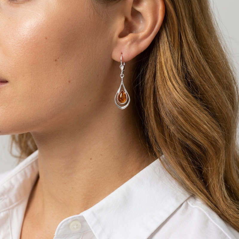 Boucles d'oreilles Pendantes Argent 925 Ambre porté