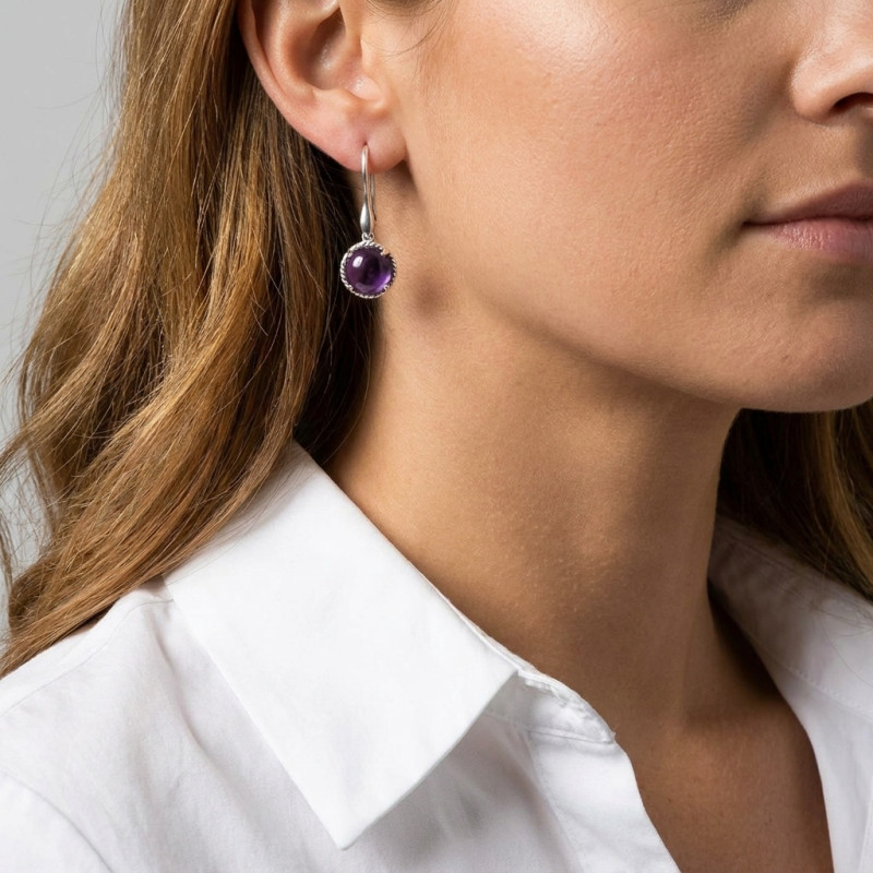 Boucles d'oreilles Pendantes Argent 925 Améthyste Ronde 12mm porté