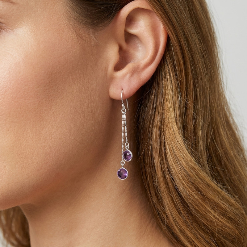 Boucles d'oreilles Pendantes Argent 925 Améthyste porté