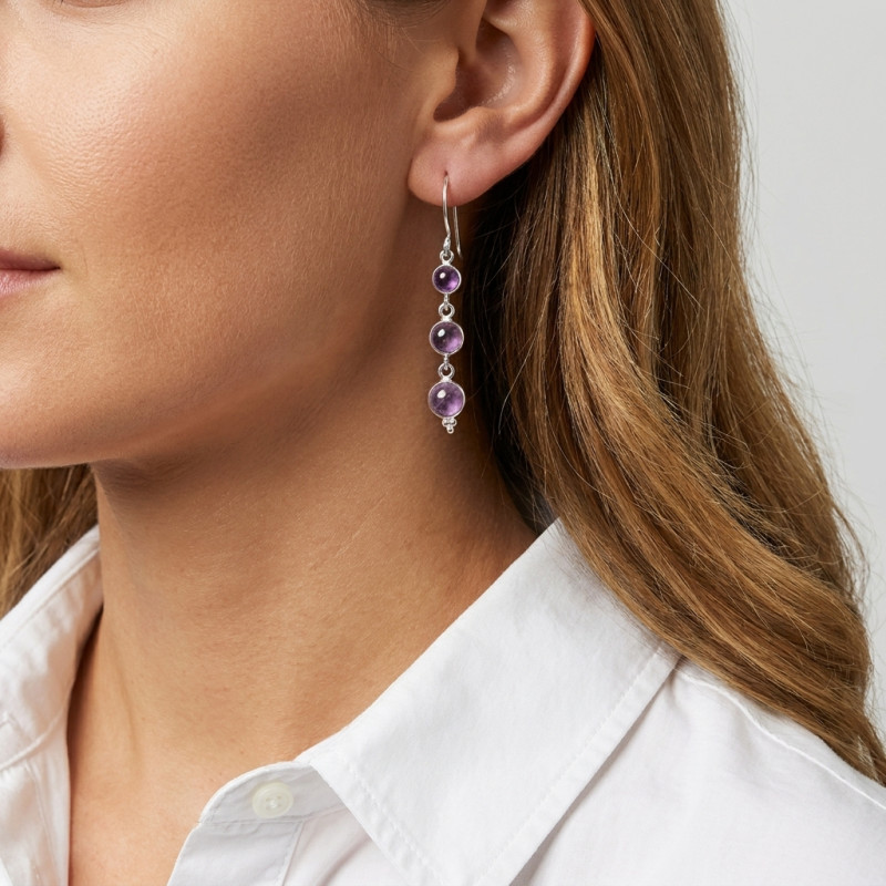 Boucles d'oreilles Pendantes Argent 925 Améthyste  porté