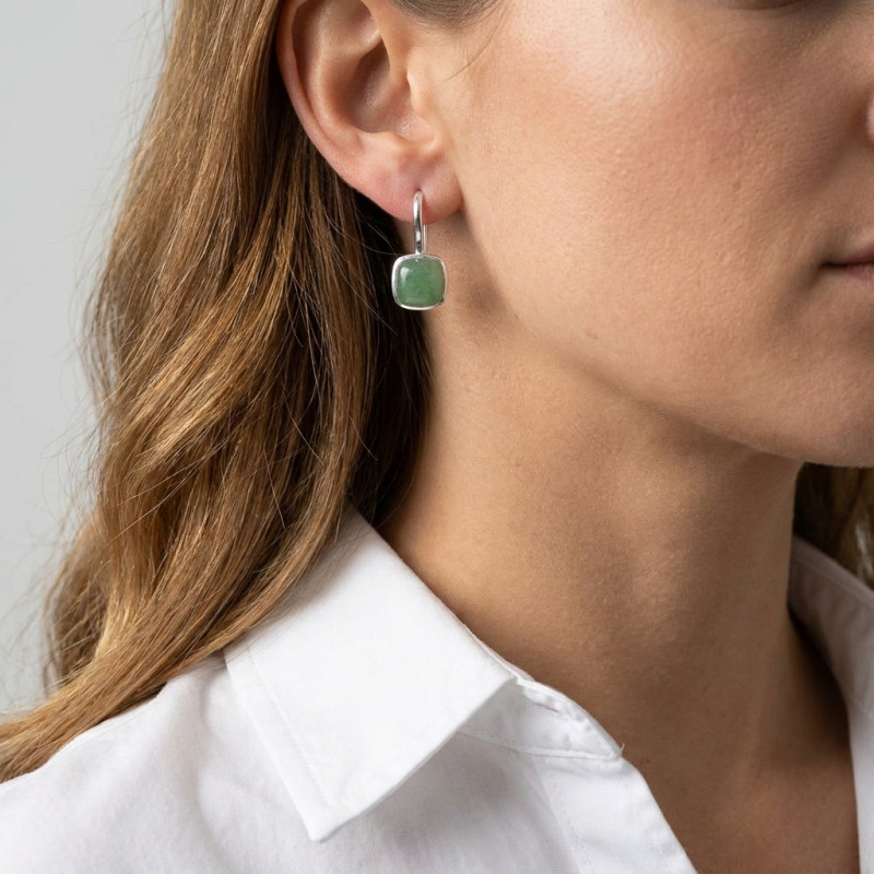 Boucles d'oreilles Pendantes Argent 925  Aventurine Coussin 10x10mm porté