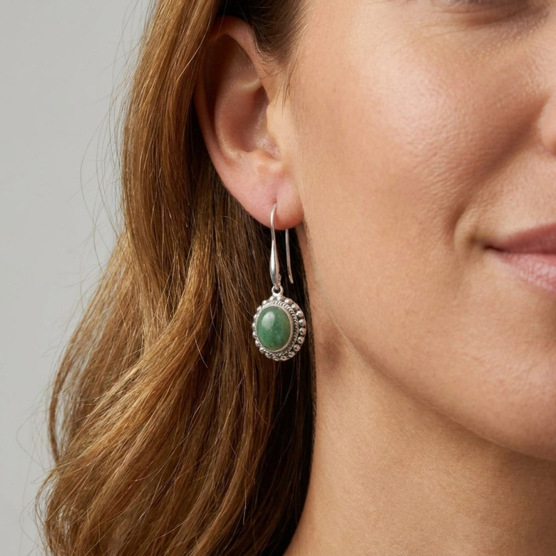 Boucles d'oreilles Pendantes Argent 925 Aventurine Ovale 12x10mm porté