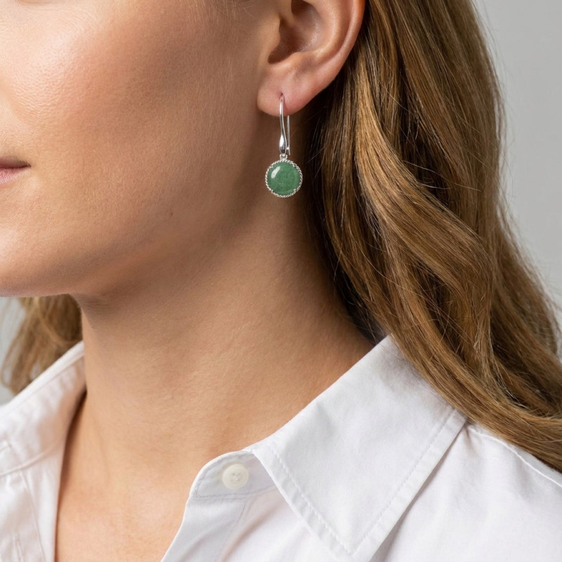 Boucles d'oreilles Pendantes Argent 925 Aventurine Ronde 12mm porté