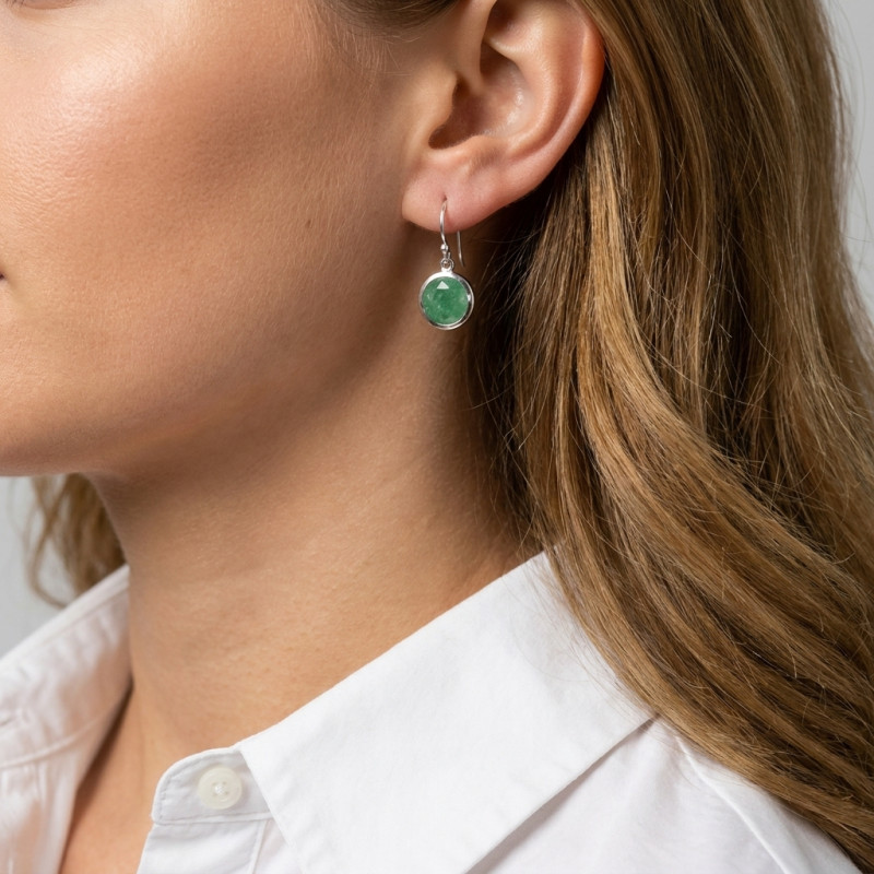 Boucles d'oreilles Pendantes Argent 925  Aventurine Ronde facettée 9mm porté
