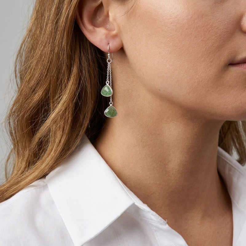 Boucles d'oreilles Pendantes Argent 925 Aventurines Triangulaires porté