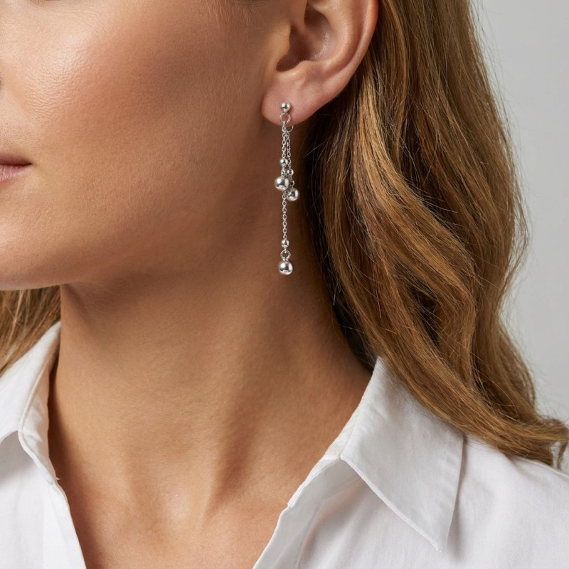 Boucles d'oreilles pendantes Argent 925 Boules  porté