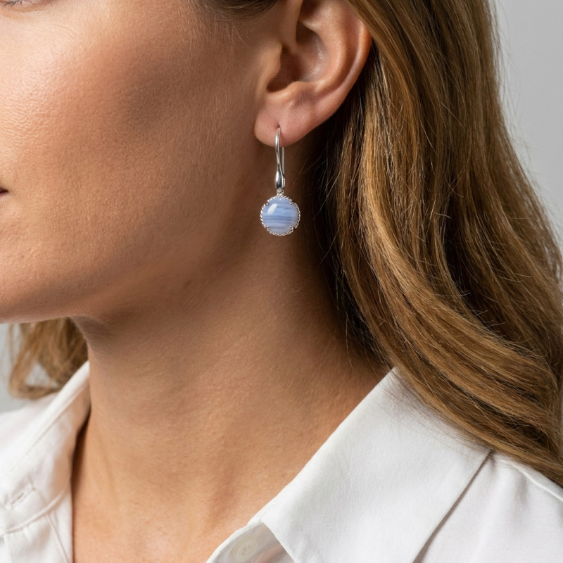 Boucles d'oreilles Pendantes Argent 925 Calcédoine Ronde 12mm porté