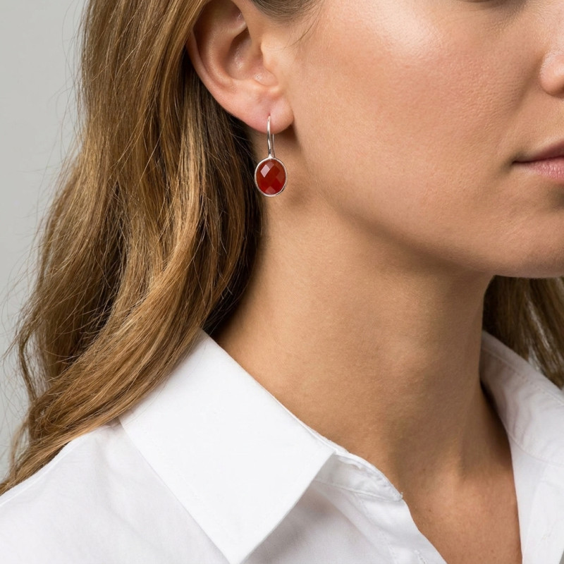 Boucles d'oreilles Pendantes Argent 925 Cornaline Facettée  Ovale 12x10mm porté