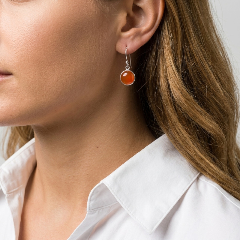 Boucles d'oreilles Pendantes Argent 925 Cornaline Ronde 12mm porté