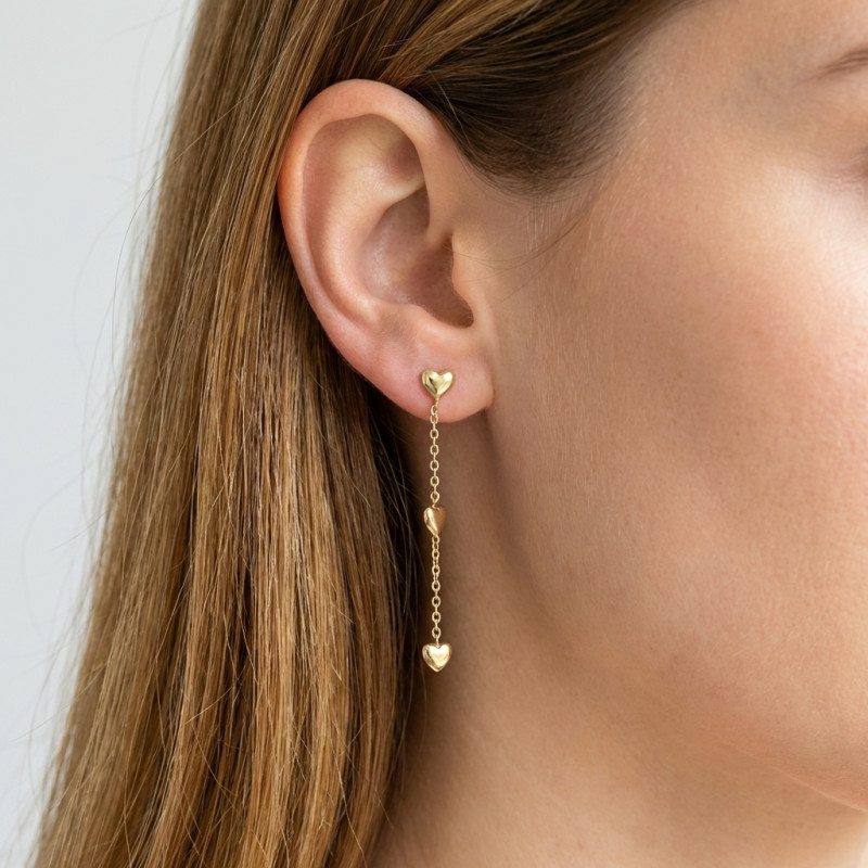 Boucles d'oreilles pendantes Argent 925 doré 3 coeurs porté