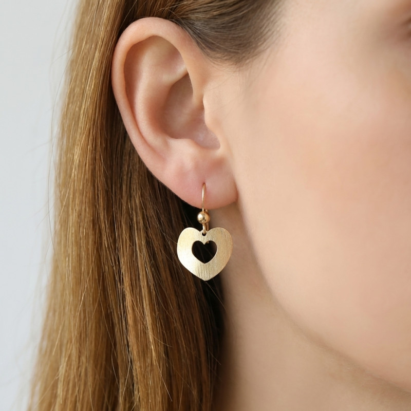 Boucles d'oreilles pendantes Argent 925 doré Coeur brossé porté