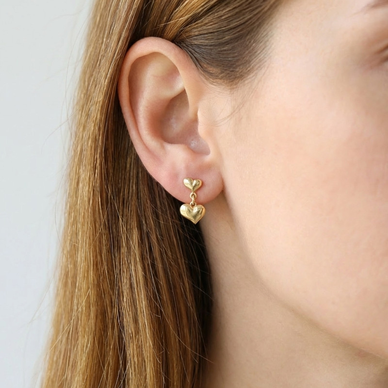 Boucles d'oreilles pendantes Argent 925 doré Coeurs porté