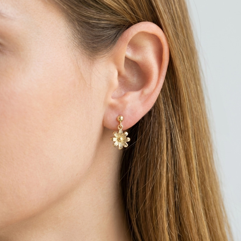 Boucles d'oreilles pendantes Argent 925 doré Fleur porté