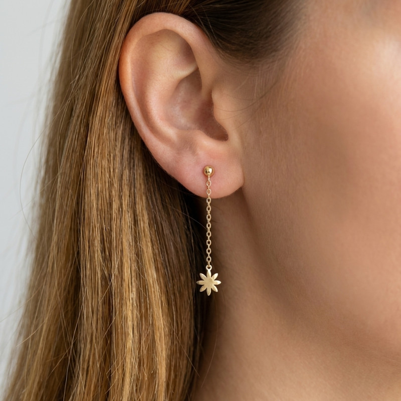 Boucles d'oreilles pendantes Argent 925 doré Fleur porté