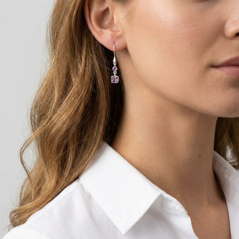 Boucles d'oreilles pendantes Argent 925 et Améthyste porté