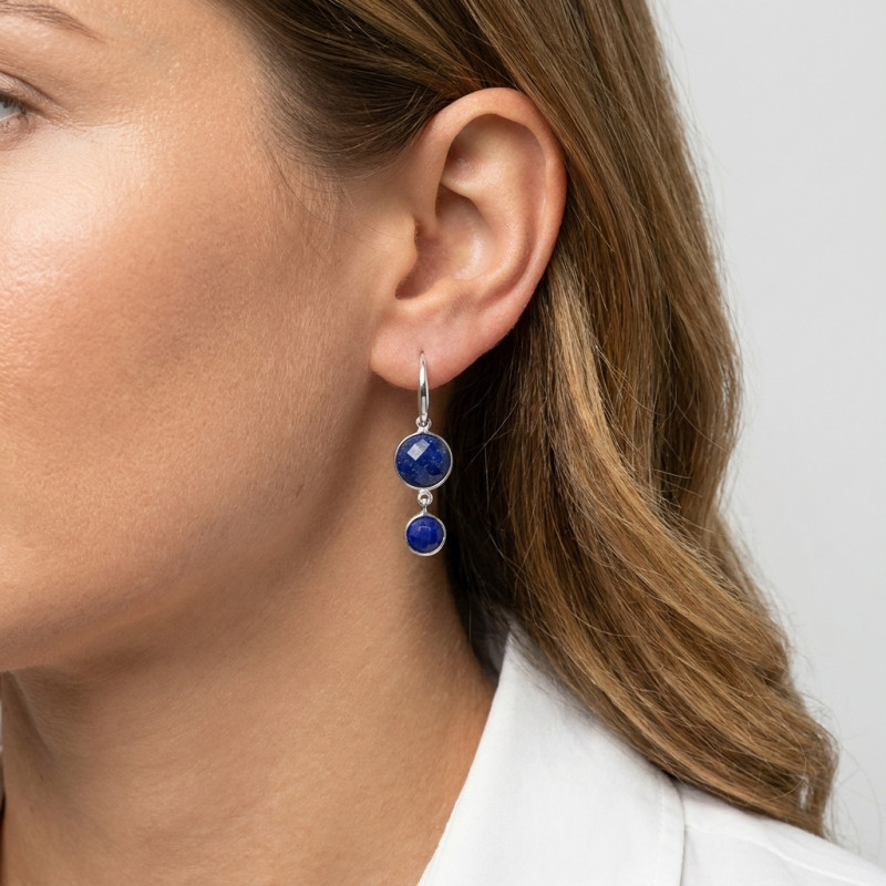 Boucles d'oreilles Pendantes Argent 925 et Lapis Lazuli ronds porté